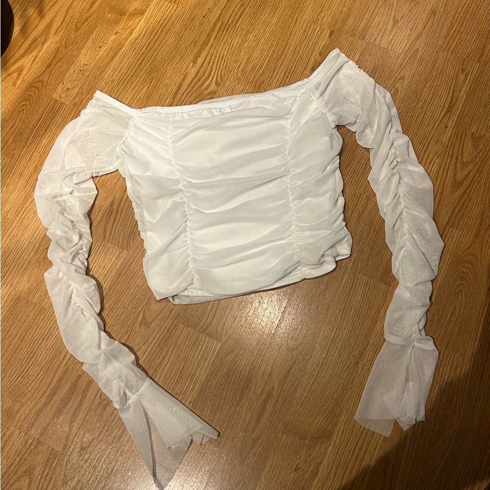ASOS white ruched long sleeve cropped top